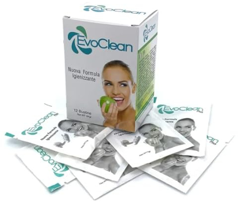 Evoclean Plus 12 Bustine - Detergente Igienizzante per Protesi Dentali - Pulizia Profonda, Rimuove Macchie e Odori
