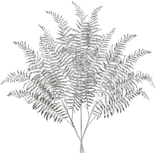 Oairse Set of 3 Artificial Silver Fern Stems 76cm Glitter Faux Fern Branches for Xmas Christmas Tree Decorations, Holiday Floral Arrangements, Wedding Centerpieces, Home and Party Decor