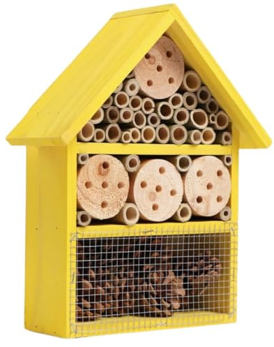 AAMEN Wooden Insect and Bee Hotel, Hanging House Outdoor Wooden Insect Nest, Garden Ornaments Outdoor, Garden Shelter Nest Box for Bees Butterflies Ladybirds (H30xW25xD10cm) (Yellow, Small)