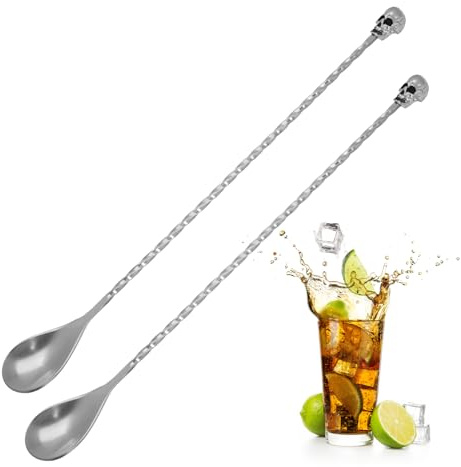 2Pcs 10.5 inches 3D Skull Curvy Design with bar Cocktail Spoon Stainless Steel Bar Tool Bar Accessories Bar Spoon Long Spoon Cocktail Mixer (2)