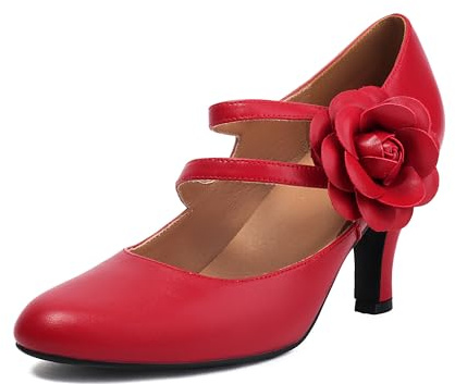 graceretro Scarpe da donna Mary Jane chiusura punta rotonda anni '30 vintage anni '50 tacco fiore doppia cinghia retrò anni '20 vittoriana décolleté, Colore: rosso, 40 EU
