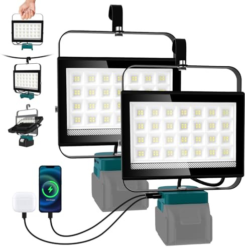 NATPOW Projecteur LED Compatible avec Makita 18V, 100W 6500LM Lampe de Chantier, 2 Modes 6000K Phare avec Type C et USB pour Chantier, Garage, Camping, Pêche, 2 Pièces, Sans Batterie
