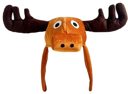 Fuzzy Faux Fur Moose Hooded Hats Men Women Teens Cosplay Halloween Funny Large Antler Elk Ear Headwear Animal Theme Earflap Skull Caps Christmas Reindeer Moose Costume Full Hood Hat Supplies