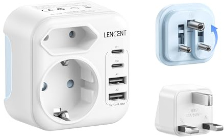 LENCENT Typ D och Typ G Kombi-reseadapter med 2 USB-C- och 2 USB-A Fällbar | resestickkontakt för Maldiverna, Sri Lanka, Tanzania, Zanzibar, Ghana Resestickkontakt Stickkontakt Adapter Strömadapter