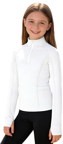 Freebily Maglietta Sportiva da Equitazione Bambina Top Equestre Maniche Lunghe Maglia da Torneo Collo Alto T-Shirt Concorso Camicie da Spettacolo Equestre Bianco 15-16 Anni