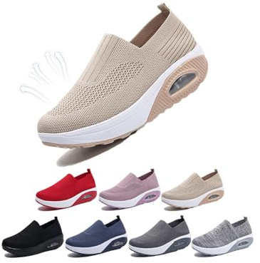 Chaussures de marche orthopédiques à enfiler avec coussin d'air pour femme, coupe large, baskets de marche confortables avec fond à bascule et soutien de la voûte plantaire, baskets compensées légères