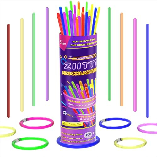 Ziitty Braccialetti Luminosi Fluorescenti, 7 colori Fluo Party Kit Bambini Adulti Starlight 100 Glow Sticks e Connettori per Bracciali Occhiali Gadget per Comleanno Feste Carnevale Capodanno Pasqua