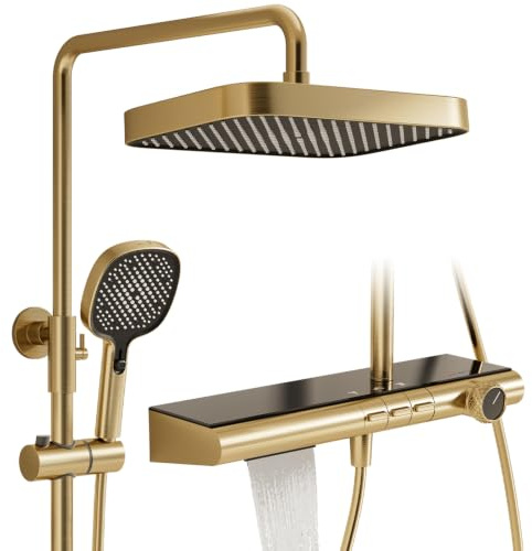 OihPaw Duschpelare, borstat guld 3-i-1 duschpelare set, stort 320 x 220 mm regnhuvud, 3 lägen manuell dusch, duschstång med duschhuvud och dusch, regndusch med tillbehör