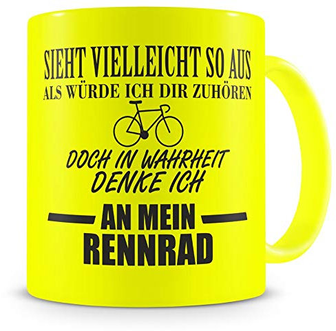 Samunshi® - Tazza da caffè con scritta in lingua tedesca Ich denke an mein Rennrad, colore: Giallo fluo