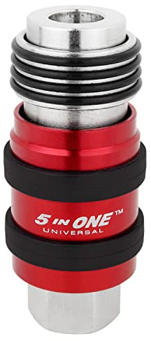 Milton 5 In ONE Universal Quick Connect Industrial Coupler, 1/4 Female NPT, Air Hose Connection, Safety Exhaust Coupler, Single, Red (S-1750)