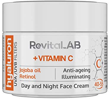 RevitaLAB Hyaluron Anti-Aging Day and Night Cream, Enriched with Vitamins A, B3, B5, E, C, Jojoba Oil, and UV Filters for Ages 40 – 55, 50 ml