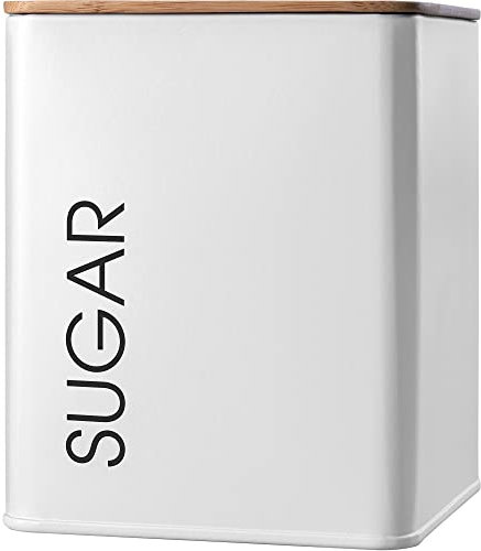 KADAX Vorratsdose mit Deckel, Vorratsbehälter aus Stahl pulverbeschichtet, Aufbewahrungsdose, Aufbewahrungsbehälter, Behälter, luftdicht, auch für Gewürze, Kakao (quadratisch, „SUGAR“, Weiß)