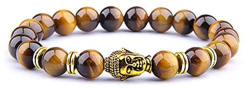 8 mm kungligt blå tigeröga armband män silverfärg Buddha huvud berlock armband kvinnor amulett Vinatge gul sten pärlor pulsera, gul tiger-1,23 cm