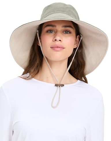 Solbari Ultra Wide Cotton Linen Hat - UPF50+ Packable UV Sun Protection Hat with Large Brim and Detachable Strap, Sage/Beige, Small - Medium