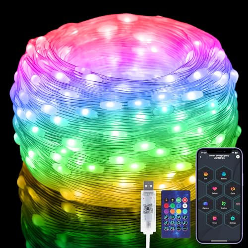Electight RGBIC Smarta Ljusslingor 10M [APP & Fjärrkontroll], 100 LED | USB-Driven & IP65 Vattentät, 99+ Scenlägen, Musik/Röstsynkronisering, Ljusslingor för Jul, Bröllop, Fest