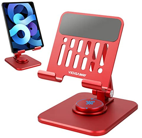 VICHSAMWY Verstellbarer Handy-Ständer aus Aluminium mit 360 ° drehbarer Basis, robuster, Faltbarer Ständer für alle 10,2-32,9 cm Handys und iPad (Rot)