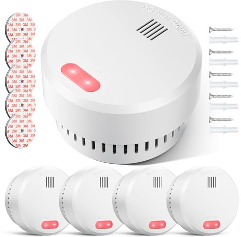 Rauchmelder 10 Jahre Batterie, DIN EN 14604 Testsiege, Feuermelder Brandmelder, Selbstklebend, 85 dB Alarm Rauchwarnmelder- 5er Set