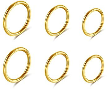 JSDDE 6er Nasenring Gold 8-12mm Set Chirurgenstahl Nasenpiercing Segmentring Clicker Tragus Helix Daith Ohrpiercing Rook Piercing 1.2mm/16ga