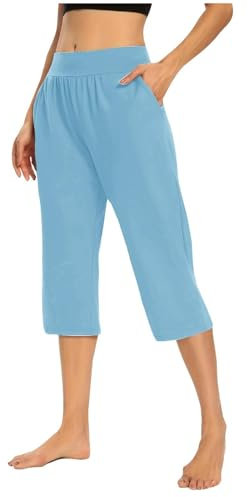 Lightning Deals of Today Prime by Hour,Oberteil Damen Hose Elastisch Hohe Taille 3/4 Lässig Aktive Passform Weites Capri Bein Mit Taschen Festival Outfit Damen 80Er Jahre Hooligans(2-Himmelblau,M)