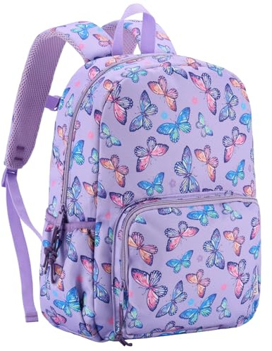 Chase Chic Mochila Infantil Resistente al Agua con Correa de Pecho - Mochila Escolar Ligera para Niños 3‑6 Años, Espalda Acolchada y Bolsillos Laterales, Varios Estilos, Diseño de Mariposa Morada
