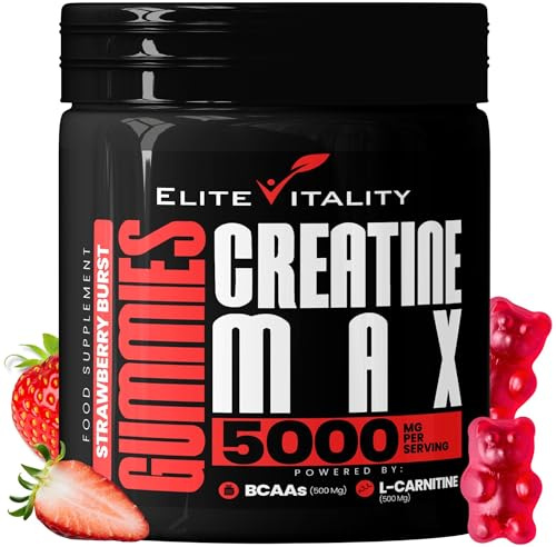 Creatine Monohydrate 90 Gummies 5000mg + BCAAs & L-Carnitine – 3rd Party Lab Tested, Vegan, Sugar-Free, Pre Workout Muscle Growth & Recovery Gym Supplement for Men & Women – Juicy Strawberry Burst