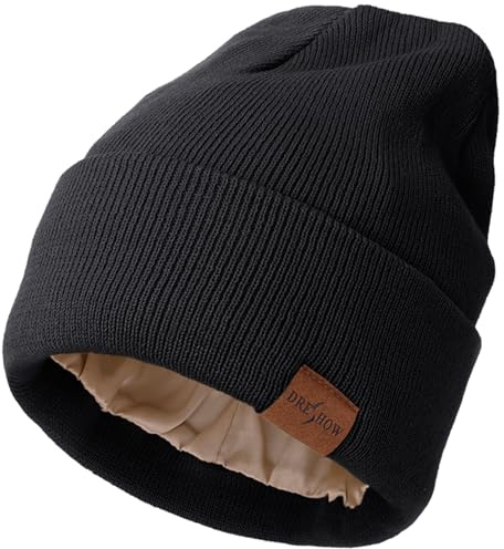 DRESHOW Gorro de Invierno con Forro de Satén para Mujeres y Hombres Unisex Gorros Suave Elástico de Punto de Seda Sombreros de Nieve Sólido Cráneo con Forro de Seda