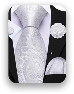 Barry.Wang White Tie 63 Paisley Silk Ties Set Pocket Square Cufflinks and Lapel Pin Extra Long Necktie Wedding Party
