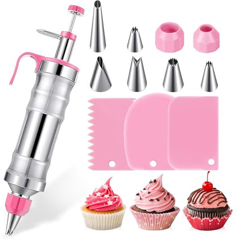 Icing Syringe Set for Cupcakes & Cakes - 400ml Cake Decorating Tools with 6 Stainless Steel Piping Nozzles & 3 Scrapers, Reusable Cream Piping Kit for Cookies, Fondant & DIY Baking (Pink)
