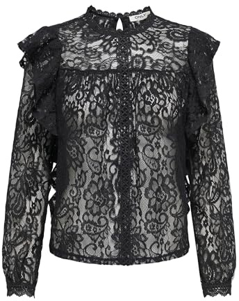 Onlnew Karo Ls spets ruffle Top WVN, svart, XL