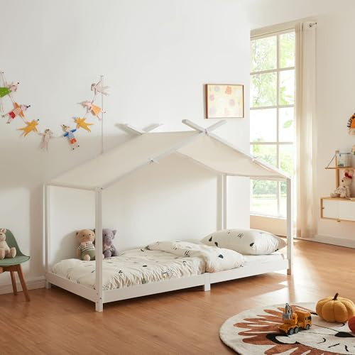 [en.casa] Letto per Cameretta a Forma di Casetta con Tettuccio in Tessuto Zona di Riposo 90x200 cm Letto Singolo per Bambini Struttura in Legno di Pino - Bianco