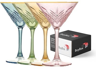 Juego de 4 Copas de Martini Vintage con Borde Dorado y Colore (230ml/7.7oz). Copas de Cóctel, Copas de Martini Espresso, Margarita y Prosecco, Copas Coupe, Copas Champagne Cristal con Tallo Largo