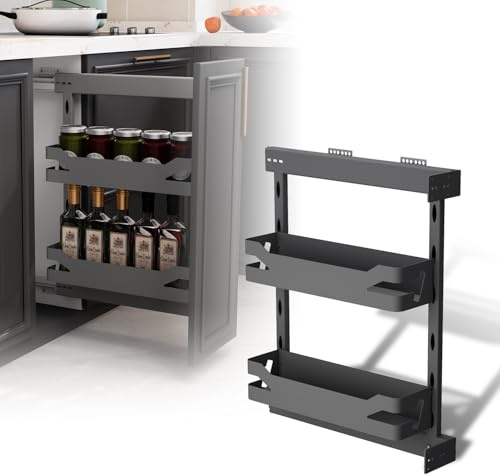 Vadania Ausziehbarer Küchen-Schmalerauszugkorb für 200 mm Schränke, 2 Ebenen Gewürzregal Organizer aus Kohlenstoffstahl, Soft-Close, Links/Rechts Montage