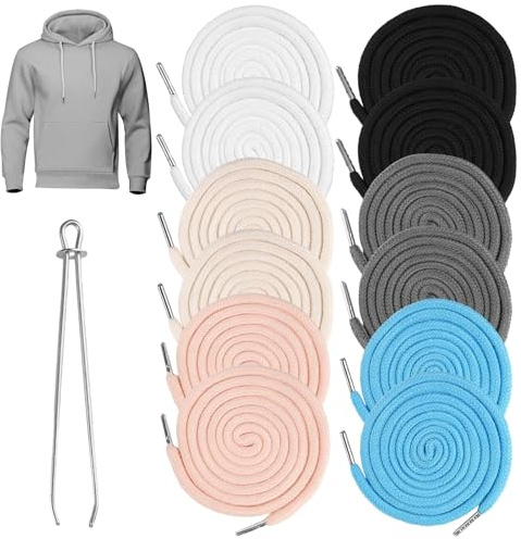 12 pezzi Corda di Ricambio in Cotone, 130 cm Cordoncini di Ricambio con Coulisse, Lacci per Felpa con Cappuccio con Spillo, Cordoncino per Pantaloni da Jogging con Estremità in Metallo per Giacche
