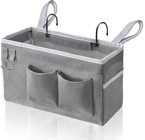 Kanrichu 1pcs Bedside Caddy Hanging Storage Bag, Organizer Baskets with Pockets for Bunk Bed Accessories, Loft & Dorm Rooms Chair Bed Rails (Grey-1pcs)