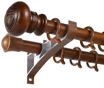 Bastone per tenda doppio con terminali cinesi, robusto binario per tenda in finto legno, con staffe incluse (teak, 270 cm - 135 cm x 2)
