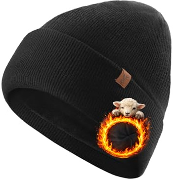 TRENDOUX Mütze Herren Damen Winter, 100% Merinowolle Unisex Strickmütze, Warme Beanie mit Gefütterter Fleece, Doppellagig Wärmend Elastische Mütze zum Laufen Skifahren, Schwarz