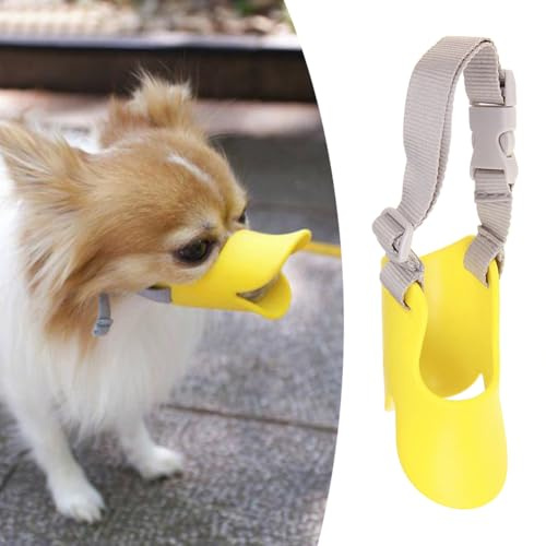 Bozal para perros con efecto antimordida, protector bucal de pato suave de silicona con correa ajustable, ideal para perros pequeños y medianos, ideal contra ladridos, mordeduras, masticar (amarillo
