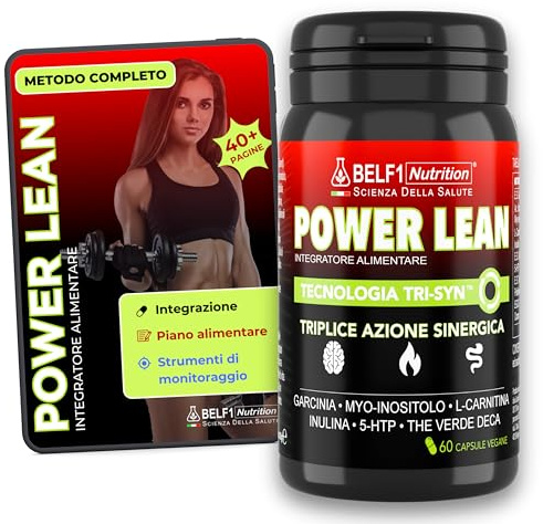BELF1 Power Lean Brucia Grassi Integratore con Garcinia, Myo-inositolo, L-Carnitina, Inulina, Griffonia (5-HTP), Tè Verde Deca E Cromo, Formula TRI-SYN Sinergica Senza Stimolanti, 60 Cps Con Ebook