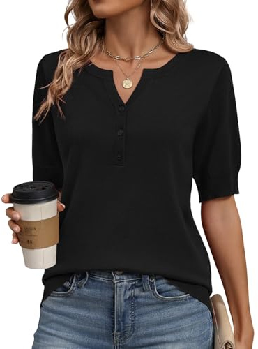 Zeagoo Summer Sweaters for Women Short Sleeve Tops V Neck Lightweight Pullover Sweaters Loose Dressy Casual Blouse Black