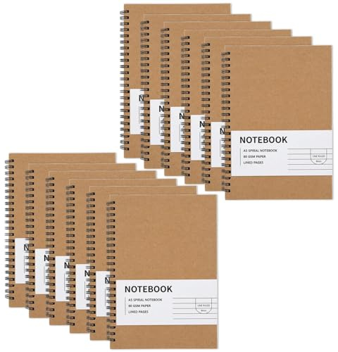 RICHER HOUSE Anteckningsblock A5-linjerad, 80 GSM spiral-anteckningsblock, 12 stycken, 60 ark/120 sidor collegeblock, inbunden anteckningsblock, kan dras bort med 8 mm, bärbara datorer för hem, skola