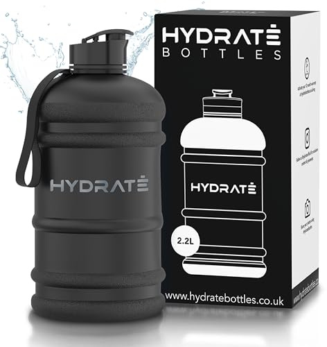HYDRATE XL Jug, Wasserflasche, BPA-frei, auslaufsicher, Klappverschluss, ideal für Fitnessstudio, Sport und unterwegs, transparenter Wasserbehälter, extra starkes Material, mattes Schwarz, 2,2 l