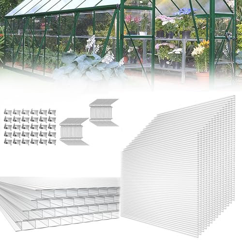 HENGMEI Lot de 14 plaques alvéolaires en polycarbonate 4 mm 60,5 x 121cm Résistant aux UV, 10,25 m² Transparent Feuille Double Paroi pour Serre de Jardin, Serre