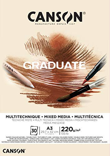 CANSON Graduate, Mixed Media Papier, zweiseitig: gekörnt und glatt, 220 g/m², an der kurzen Seite geleimter Block, DIN A3, 29,7x42 cm, Natur, 30 Blatt