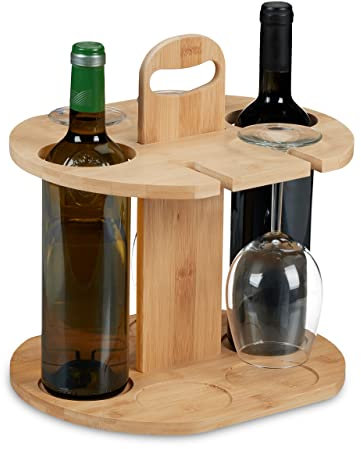 Relaxdays Supporto Porta Calici con Portabottiglie in bambù, 30,5x30x25 cm, 2 Bottiglie di Vino e 4 Bicchieri, Naturale