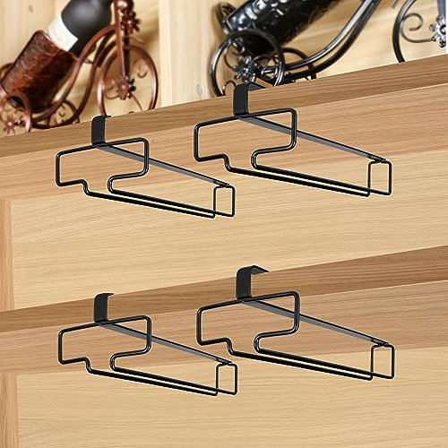 JMIATRY 4 Pack Wine Glass Rack, No Drilling Metal Wine Glass Holders Hanging Under Shelf, Under Cabinet Hanging Wine Glass Holder for Bar and Kitchen, Black