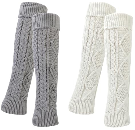 QKURT 2 Pairs Women Knitted Leg Warmers, Winter Legwarmers Warm Knitted Boot Cuffs Socks Soft Thermal Thigh High Leg Warmers Comfy Knee High Socks for Women Ladies