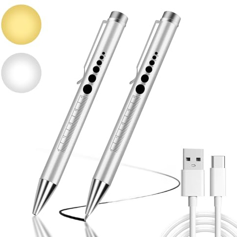 Flintronic 2 st medicinsk diagnostisk penna ficklampa, LED medicinskt uppladdningsbart ljus, med pupillmätare och klämma, med typ C-laddningskabel, kan skriva, för personlig vård, belysning