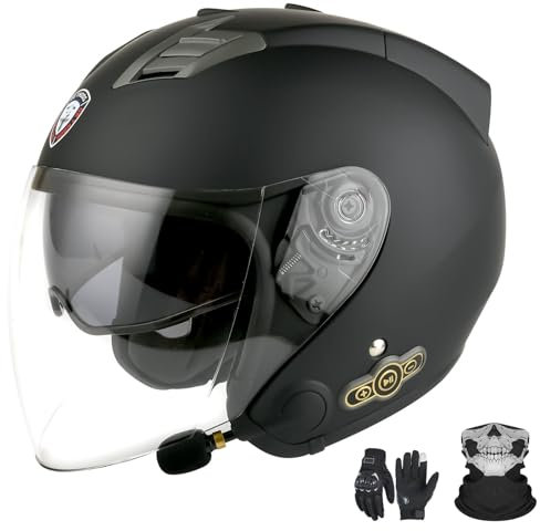Casco Jet con Bluetooth para motocicleta, certificación ECE, casco con Bluetooth integrado, casco jet para scooter, casco scooter, casco jet para hombre y mujer con doble visera B,L (59-60cm)