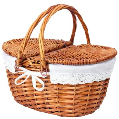 Geytetqi Wicker Picnic Basket with Lid, Wicker Picnic Hamper with Removable Lining and Foldable Handles, Woven Picnic and Outdoor Basket for Camping, Picnics, and Outdoor Adventures