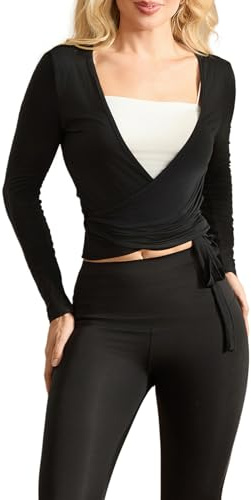 Amiblwova - Maglia Avvolgente da Donna, a Maniche Lunghe, per Yoga, Pilates, Allenamento e Danza, con Laccetto da Annodare, Nero, S